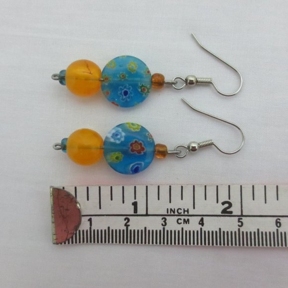 New Blue & Orange Hand Crafted Dangle Earrings - Picture 4 of 6